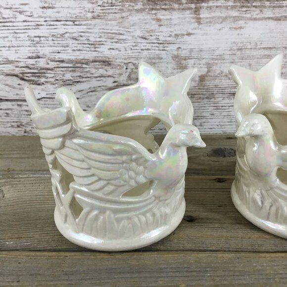 Set of 2 Ceramic Dove Bird & Star Votive Candle Holders Tall Pearl Iridescent - Picture 2 of 13